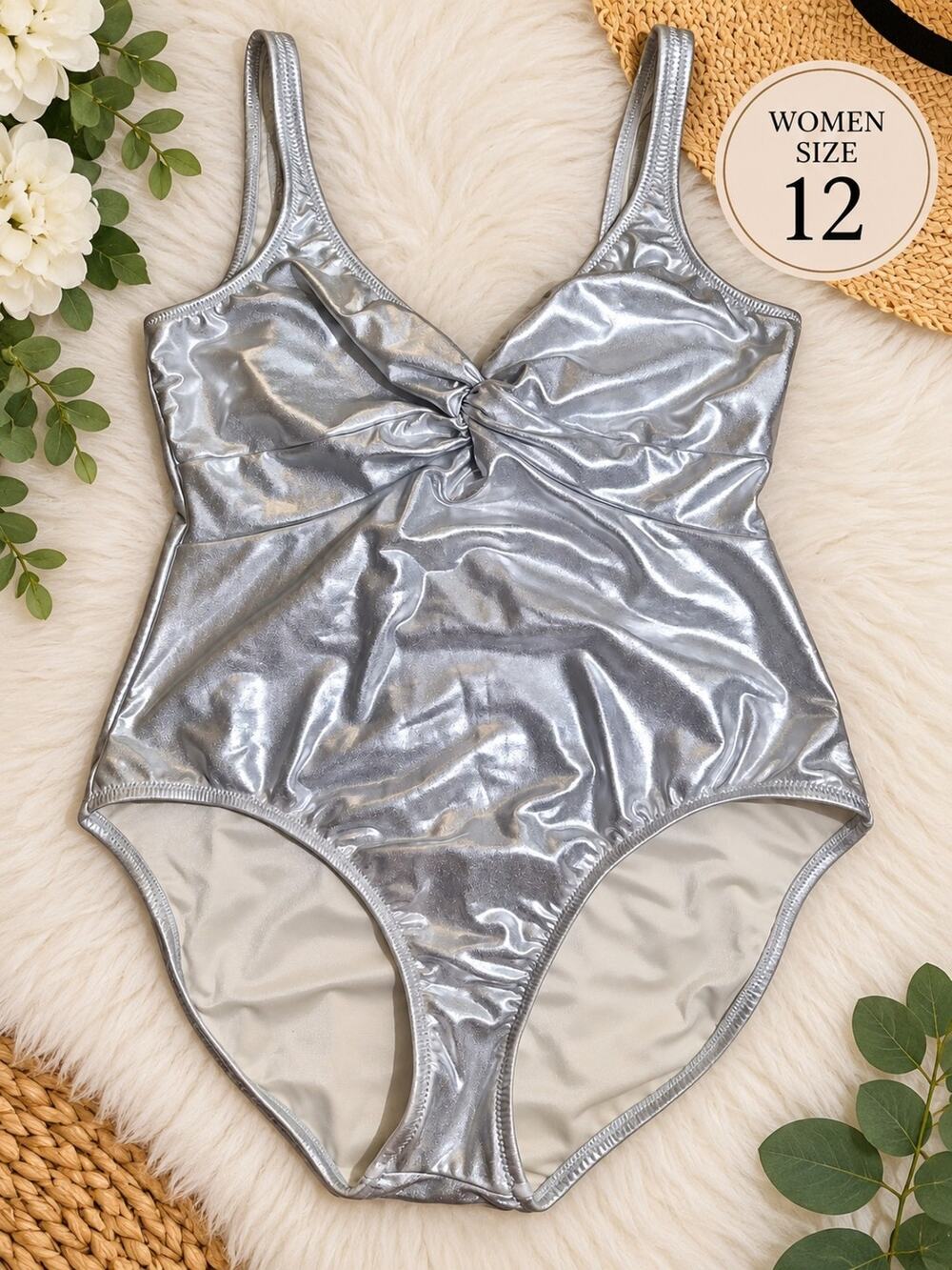 Silver Metallic Glitter Shine with white lined one piece swimsuit size 12 EUC